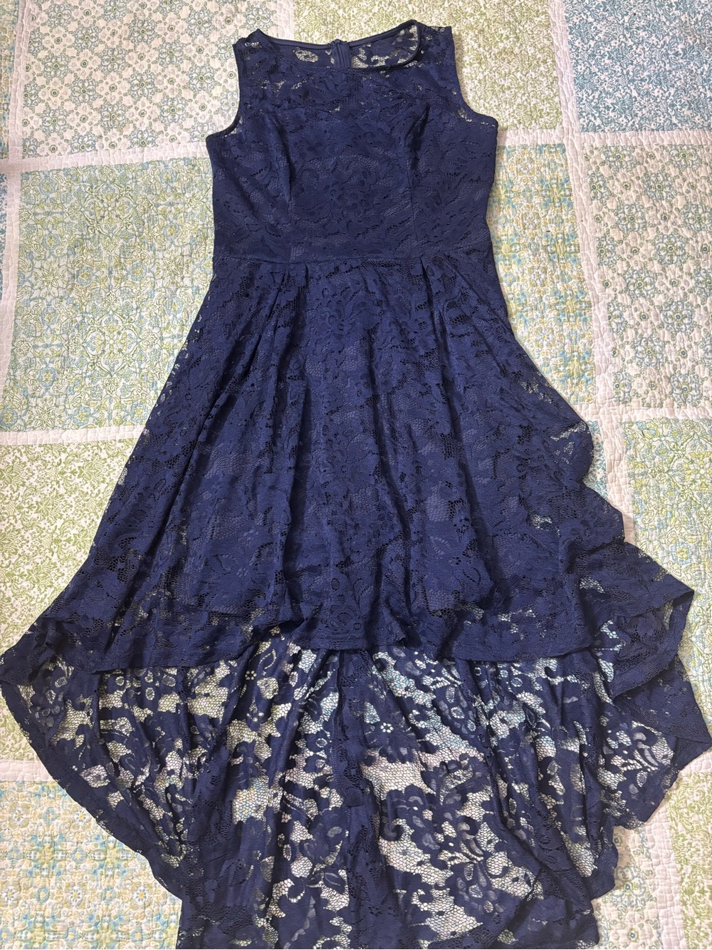 Sleeveless Navy Lace High-Low Dress